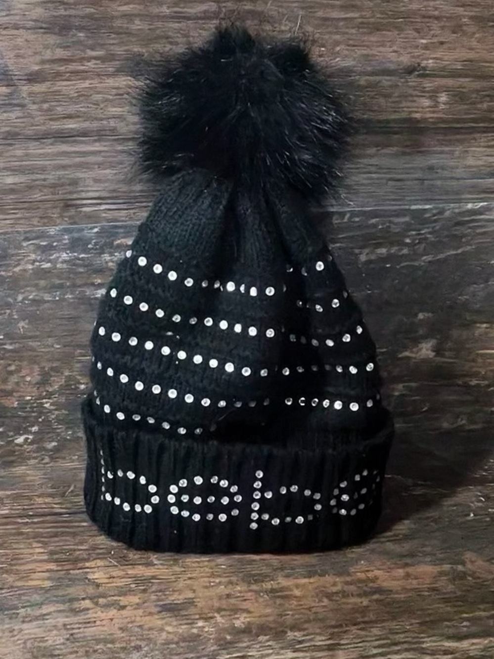 bebe Black Pom-Pom Beanie with Studded Rhinestones